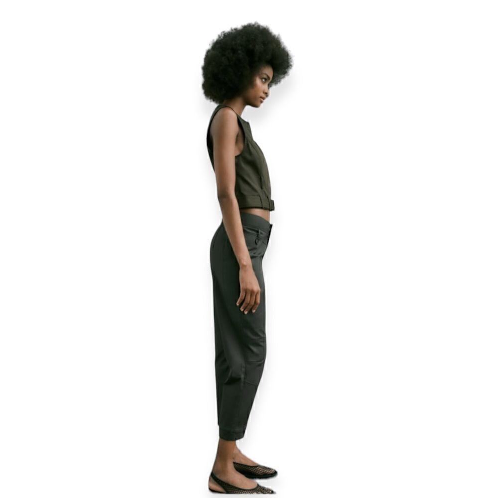 ZARA | Dark Khaki | WAXED CAPRI PANTS - Picture 7 of 11
